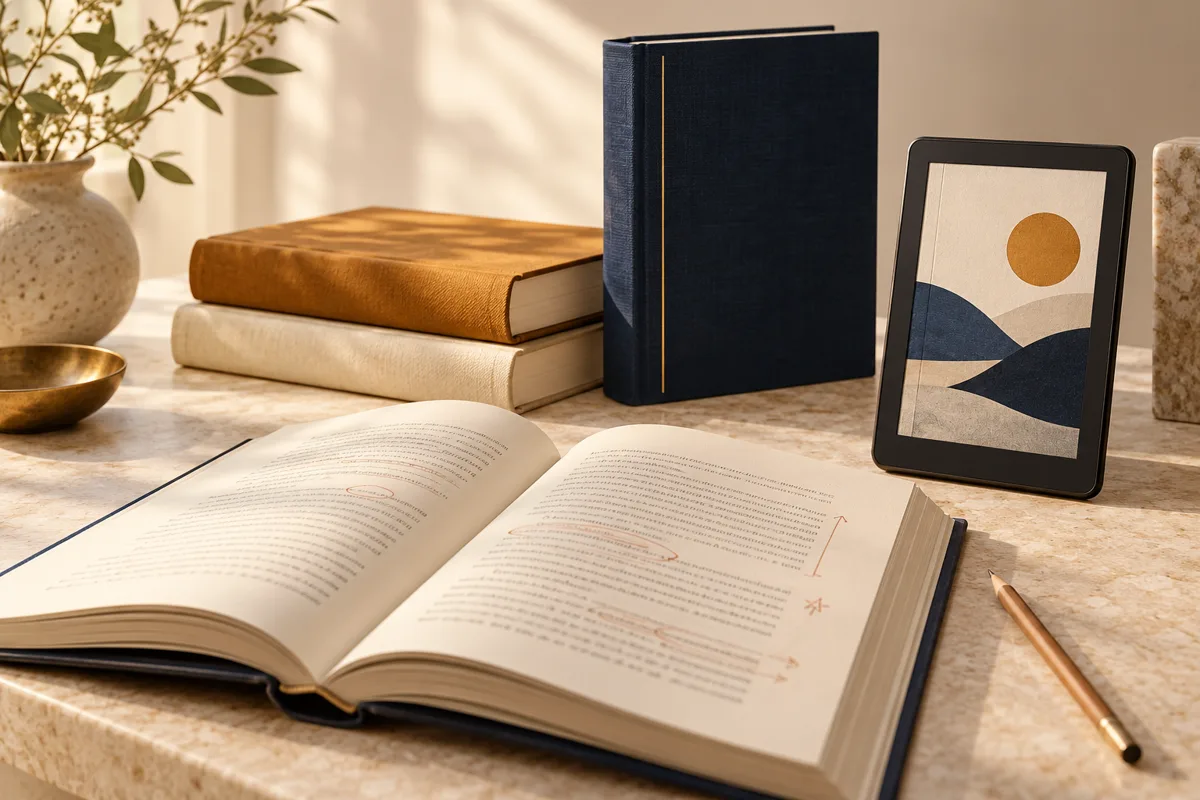 Edited pages, clothbound books and an ebook reader in a warm publishing studio still life